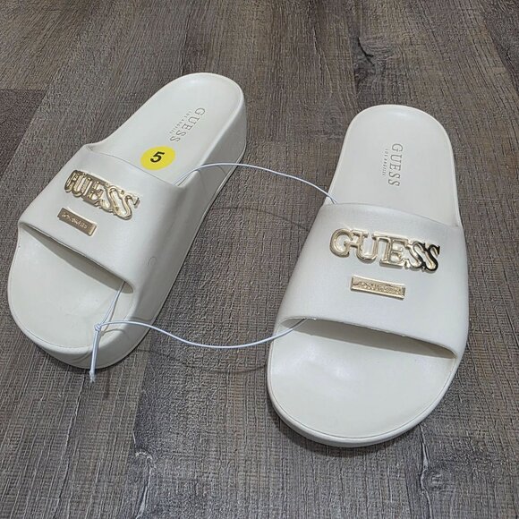 GUESS WGSwings-R Platform Slide Sandals White Gold Logo – Women’s Size 5M (No Bo - Picture 2 of 8